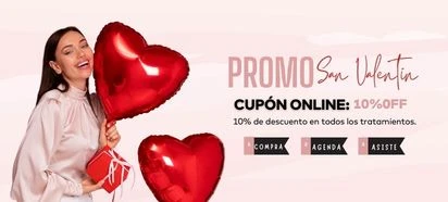 Banner pequeño de página principal para informar el cupón del 10% en San Valentin en promoestetica