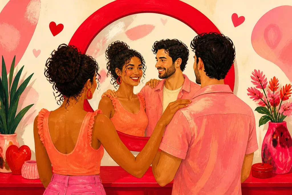 Ilustración de un hombre y una mujer que se miran juntos en un espejo redondo que los refleja tal como son