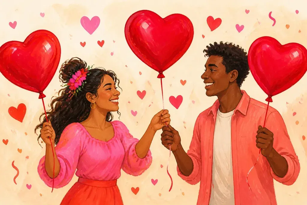 Ilustración de dos amigos: ella le entrega un globo rojo en forma de corazón sin soltar el suyo
