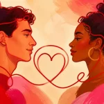 Ilustración en rojo de dos rostros de perfil, un hombre y una mujer, unidos por una línea que forma un corazón