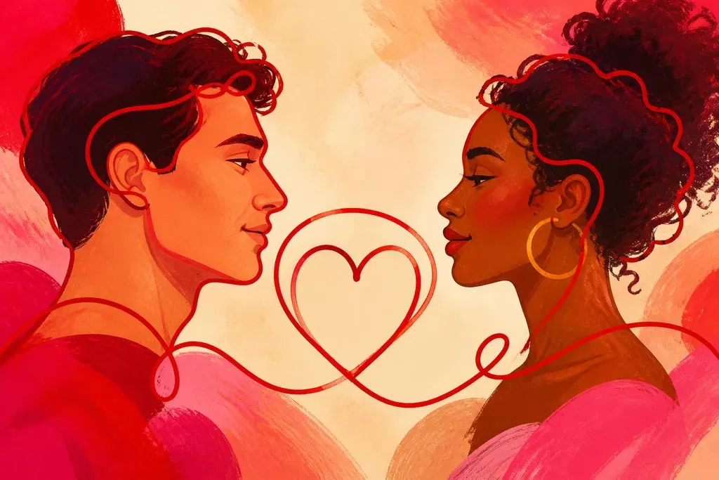 Ilustración en rojo de dos rostros de perfil, un hombre y una mujer, unidos por una línea que forma un corazón